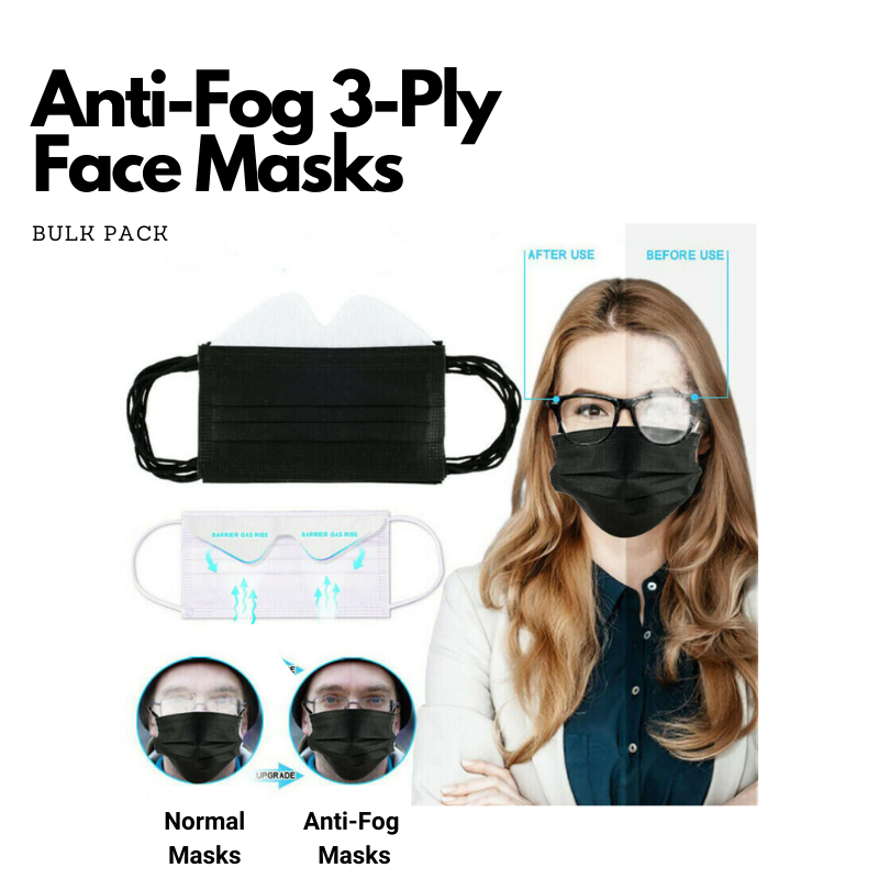 Simpli 3-Ply Face Masks - Anti-Fog for glasses - Black, 30 Pack