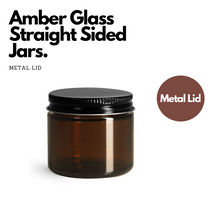 Load image into Gallery viewer, Amber Glass Straight Sided Jars with Metal Lids
